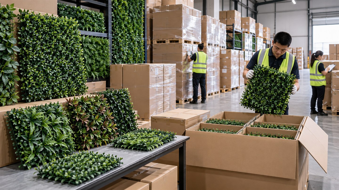 Artificial greenery panels prepared for export shipment