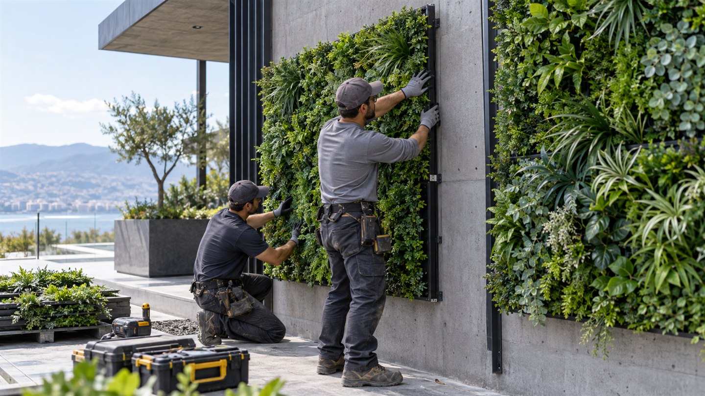 Professional installation of modular artificial plant wall panels