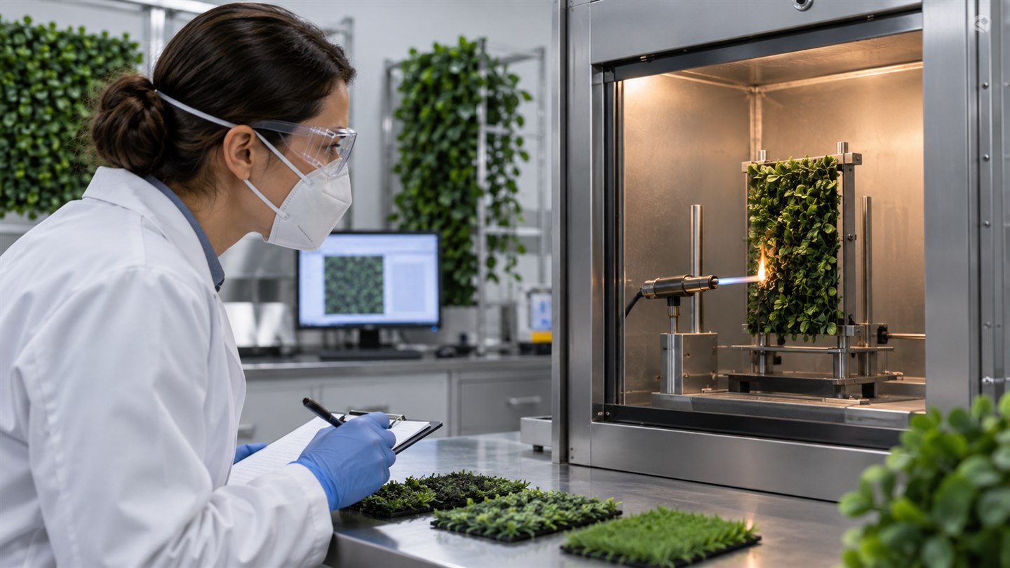Controlled flame retardant test for artificial greenery material