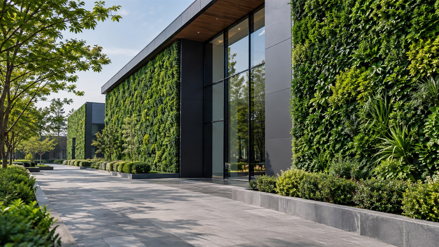 Artificial green wall installed on a modern commercial building