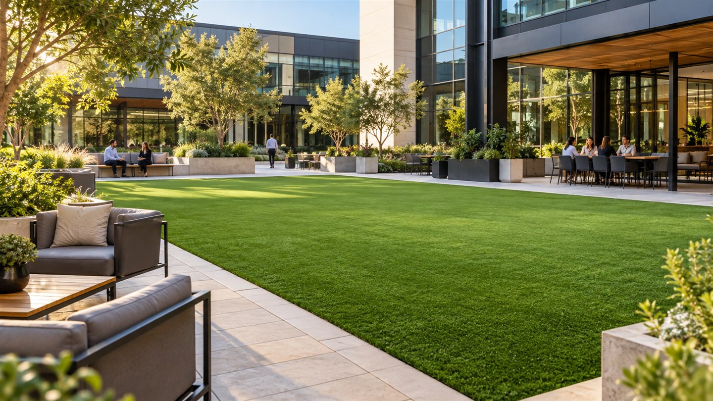 Artificial turf in a modern commercial courtyard