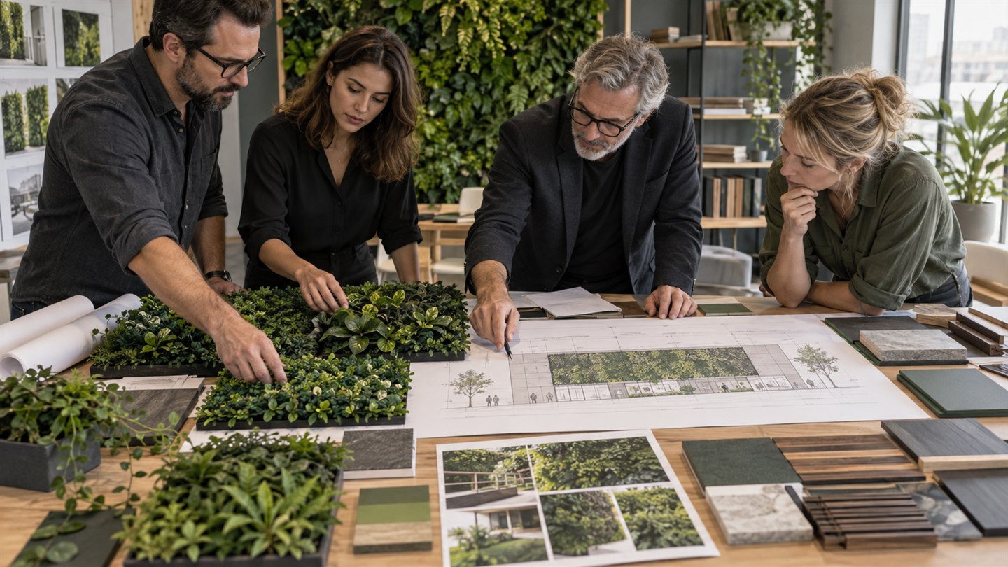Architects reviewing custom artificial greenery samples and drawings