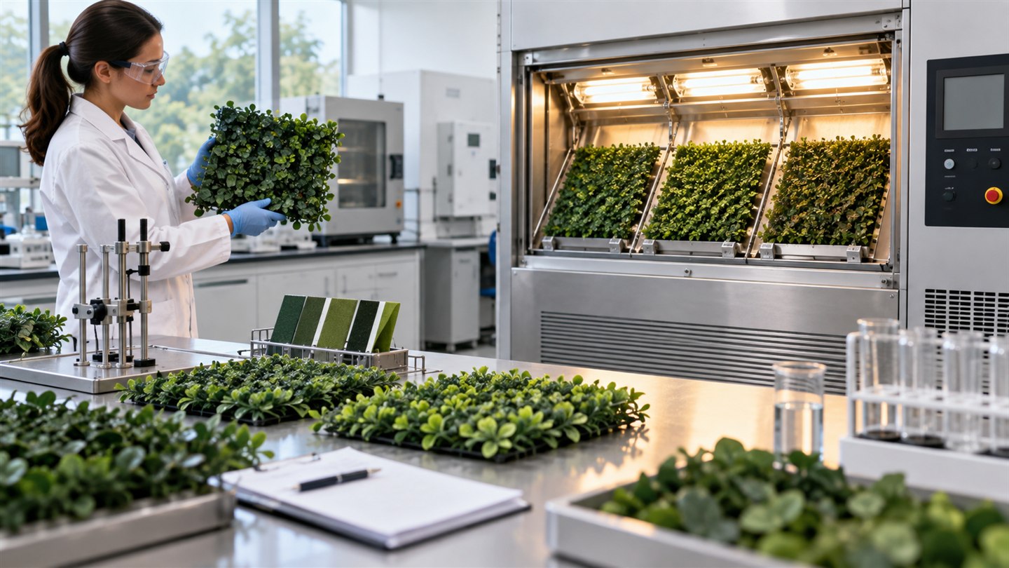 Artificial greenery samples undergoing UV resistance testing