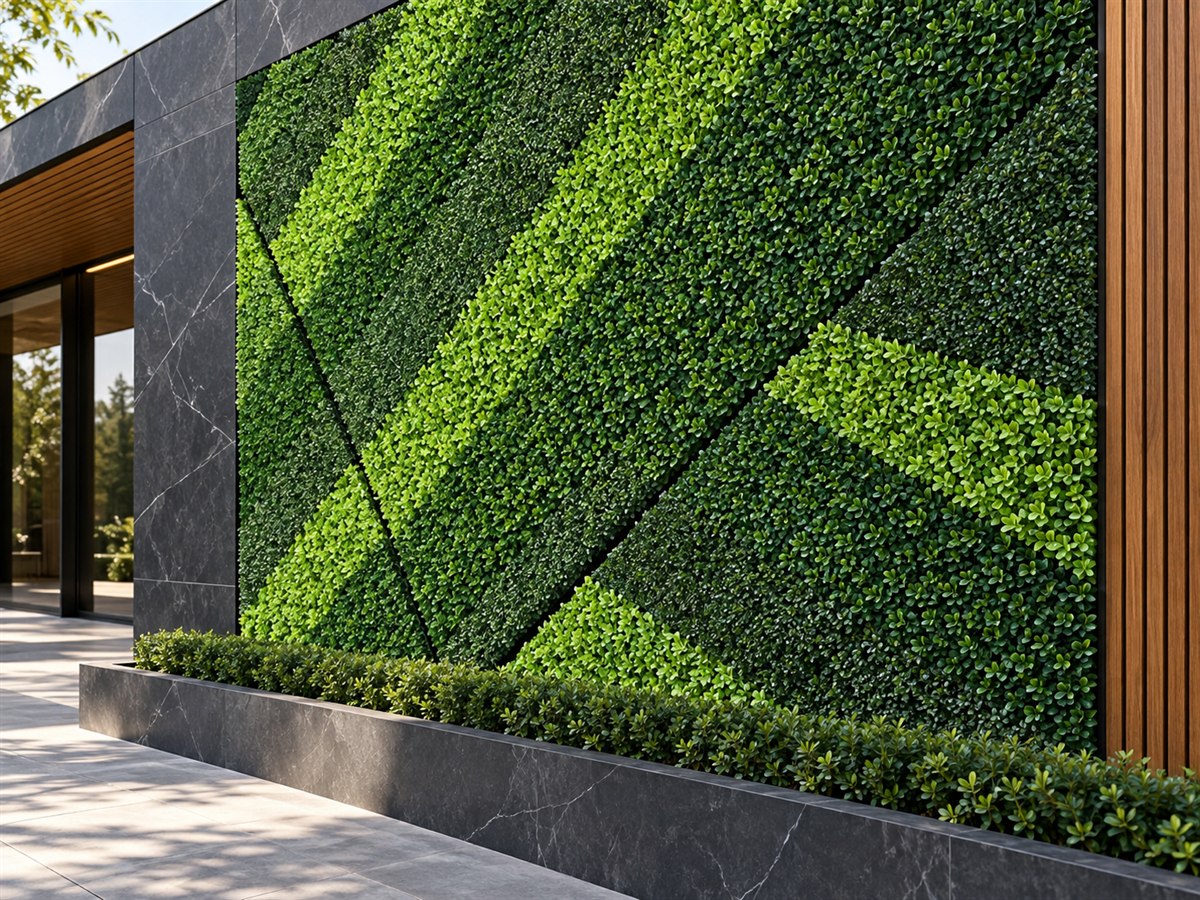 Dense modular artificial plant wall panels on a commercial exterior
