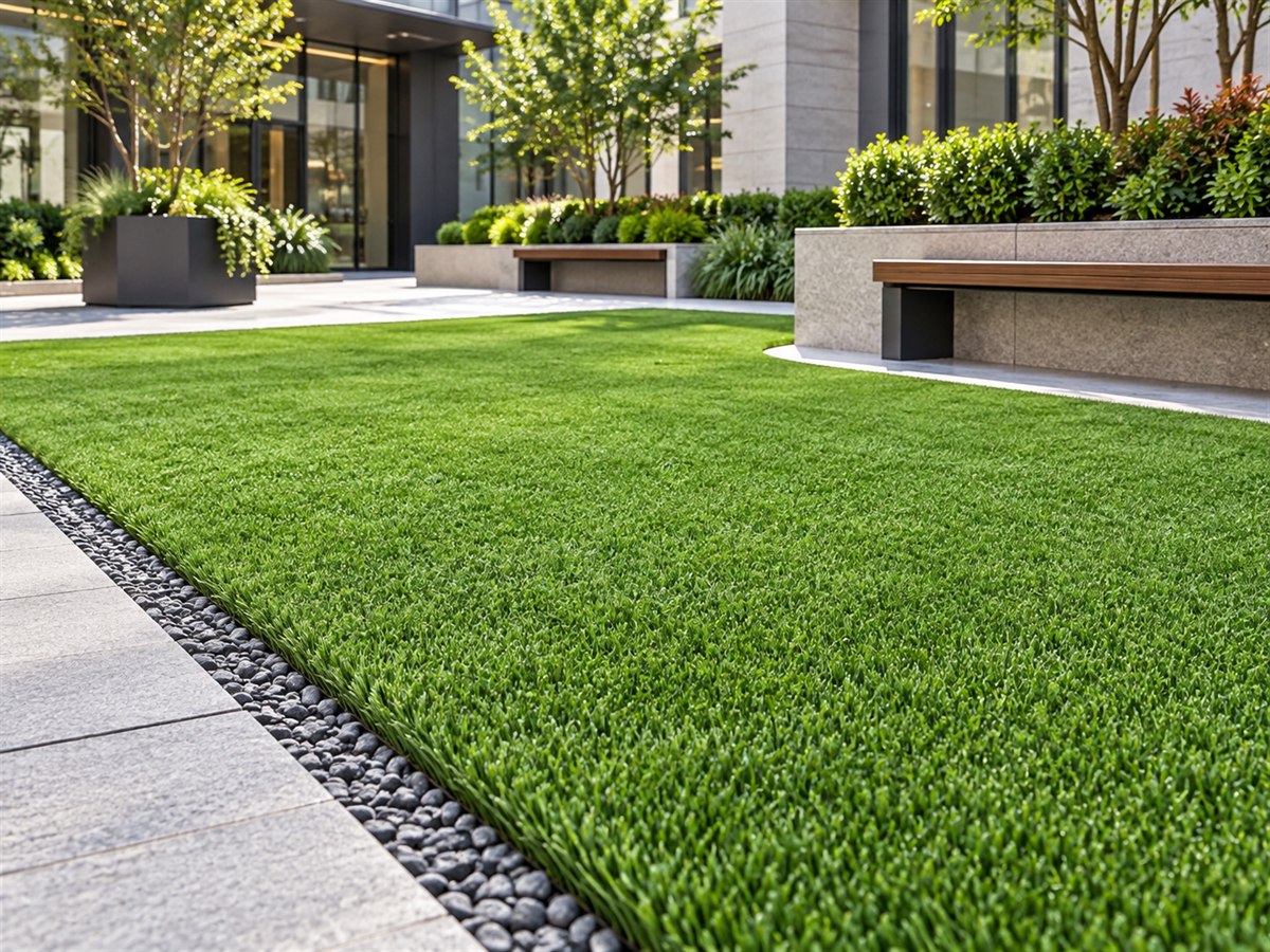Professionally installed artificial turf in a modern commercial courtyard