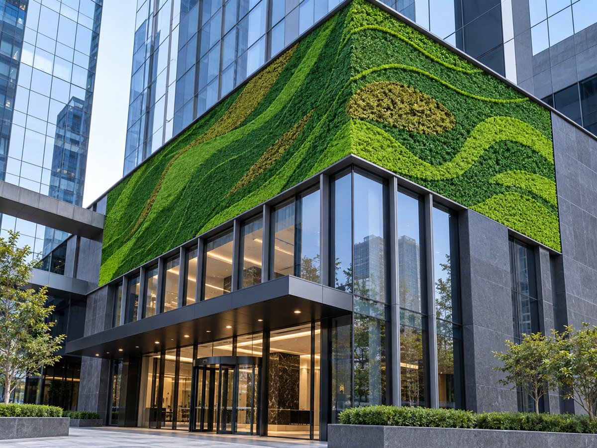 Finished artificial green wall facade at a modern office entrance