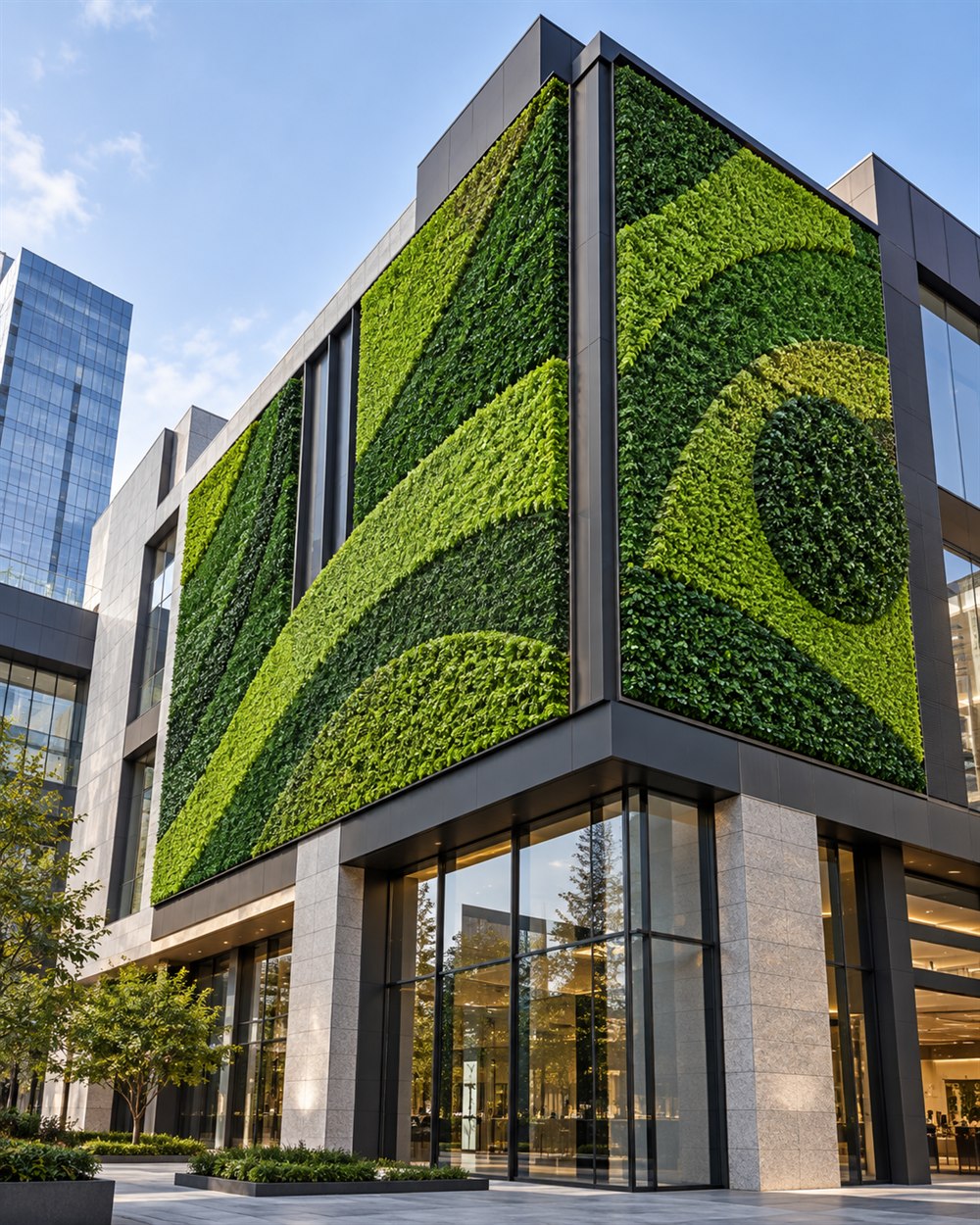Large artificial green wall installation on a contemporary commercial building