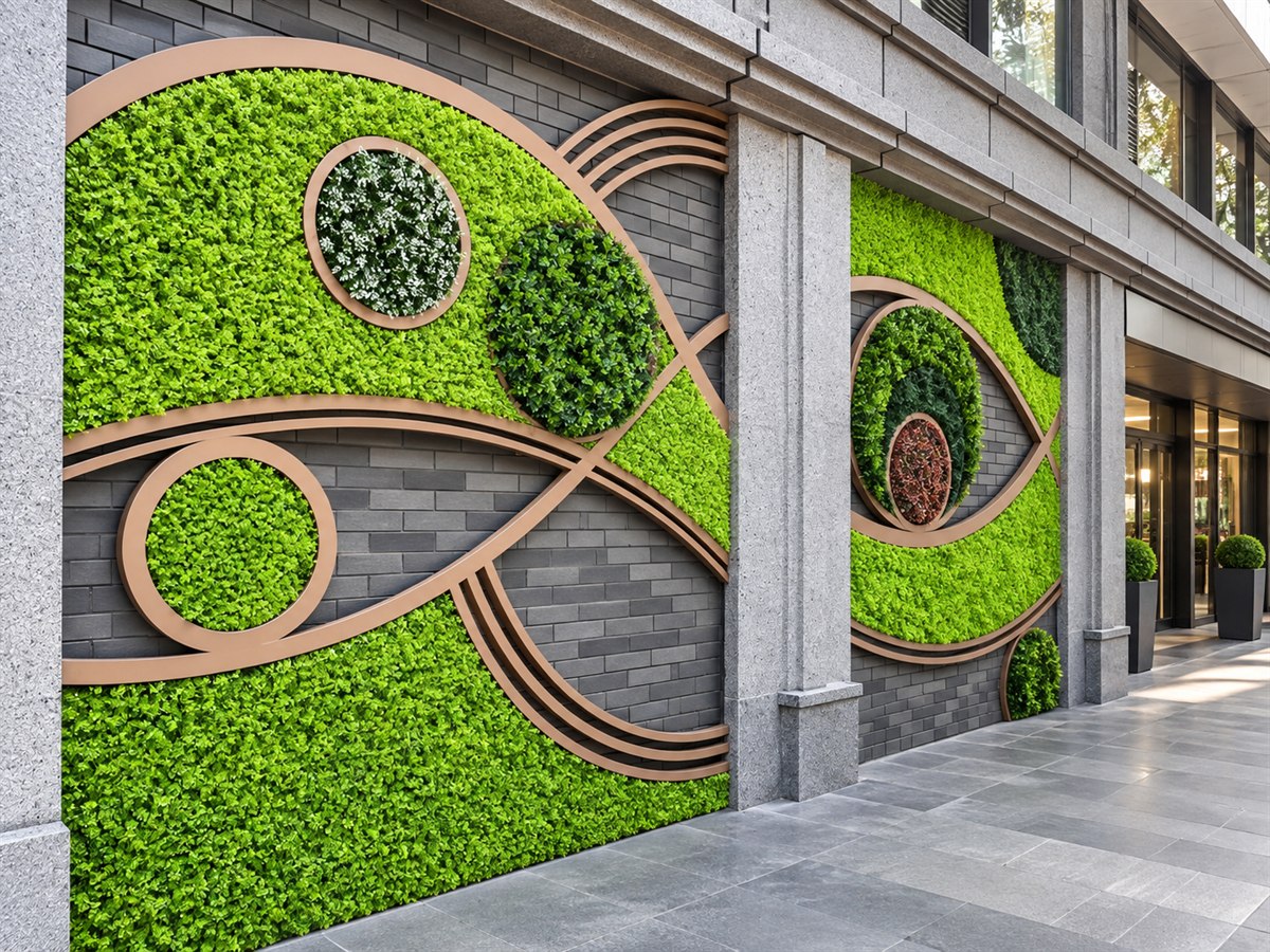 Custom geometric artificial vertical garden on a commercial wall
