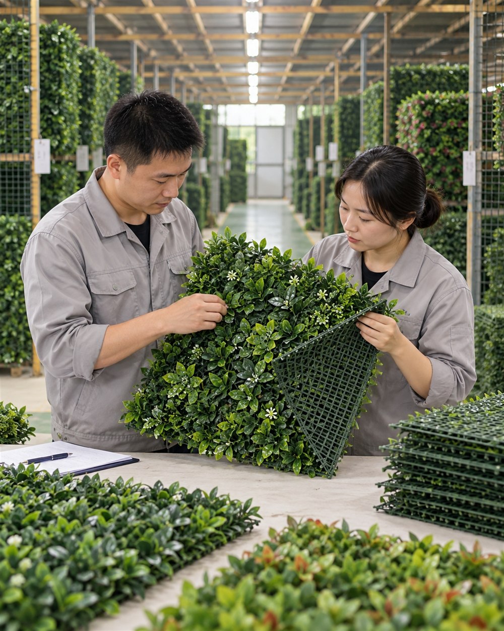 Xinrui Sheng team inspecting artificial plant wall panels
