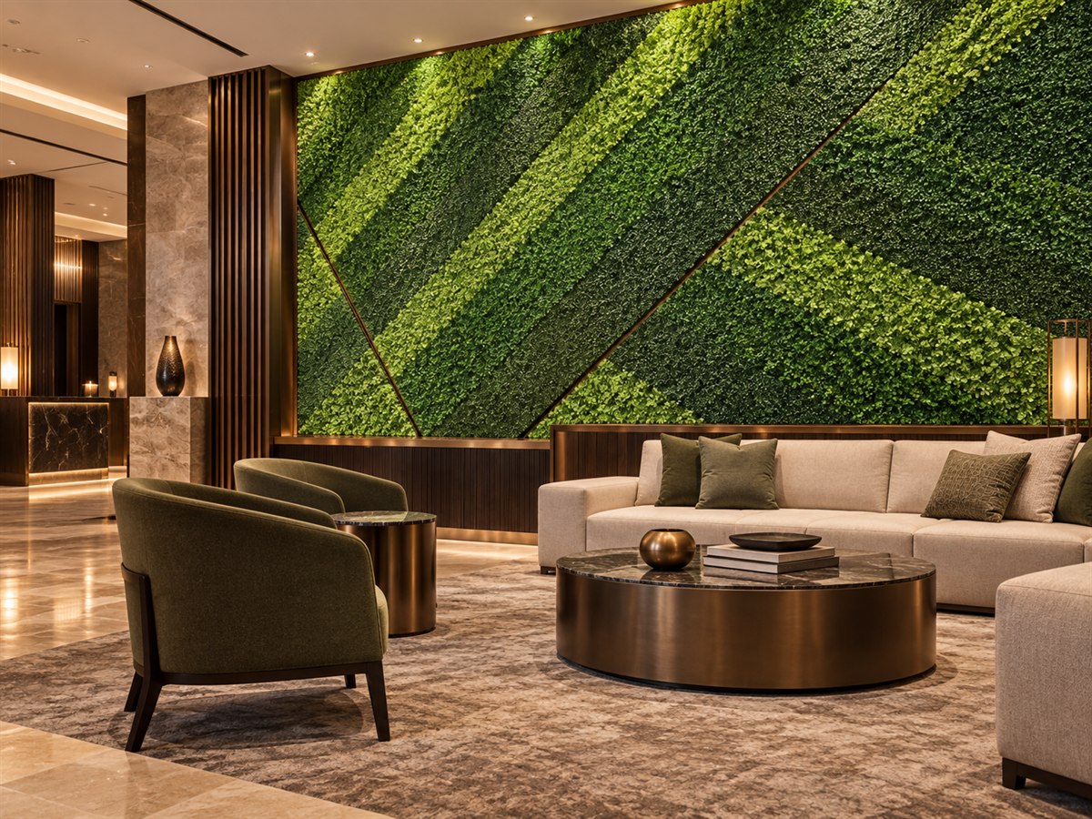 Artificial greenery wall in an upscale hospitality interior