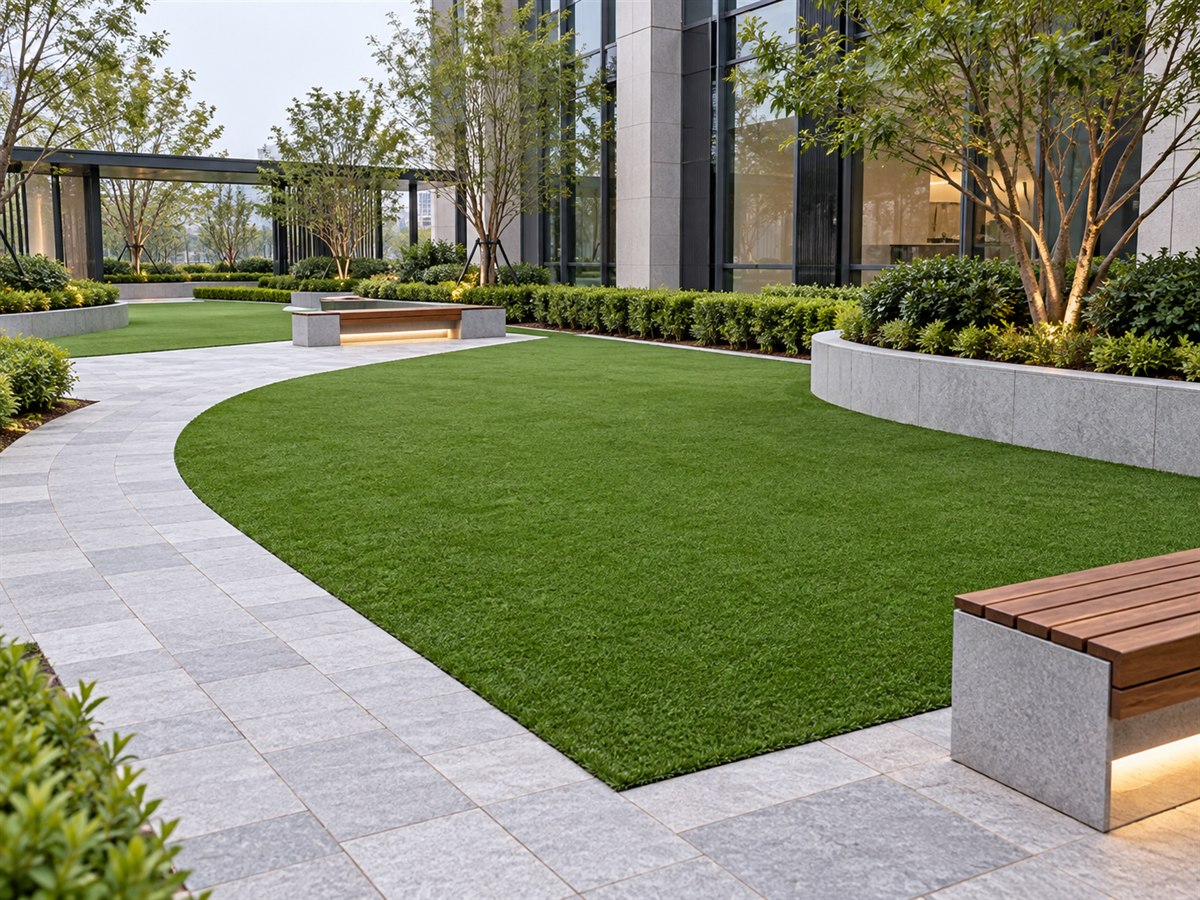 Artificial turf used as ground cover in a commercial landscape